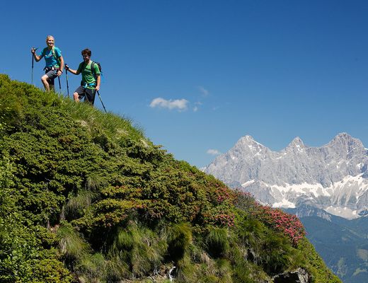 Hikers on the way to the summit with a view of the Dachstein